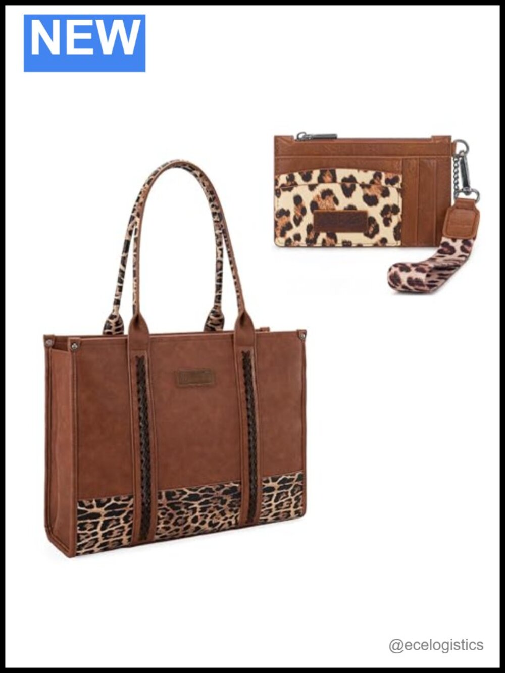 Wrangler Leopard Print Tote Handbag with Small Card Holder Set - Faux Leather